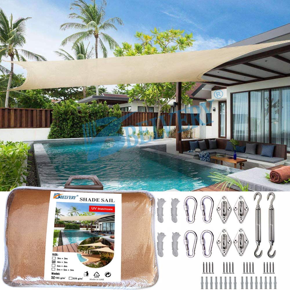 Belvery Sun Shade Sail Arc Rectangle Shade Net 4m×3m With Fixing Pole Rope Hooks Accessory Hardware Set Outdoor UV Blockage Commercial and Residential Sand Color