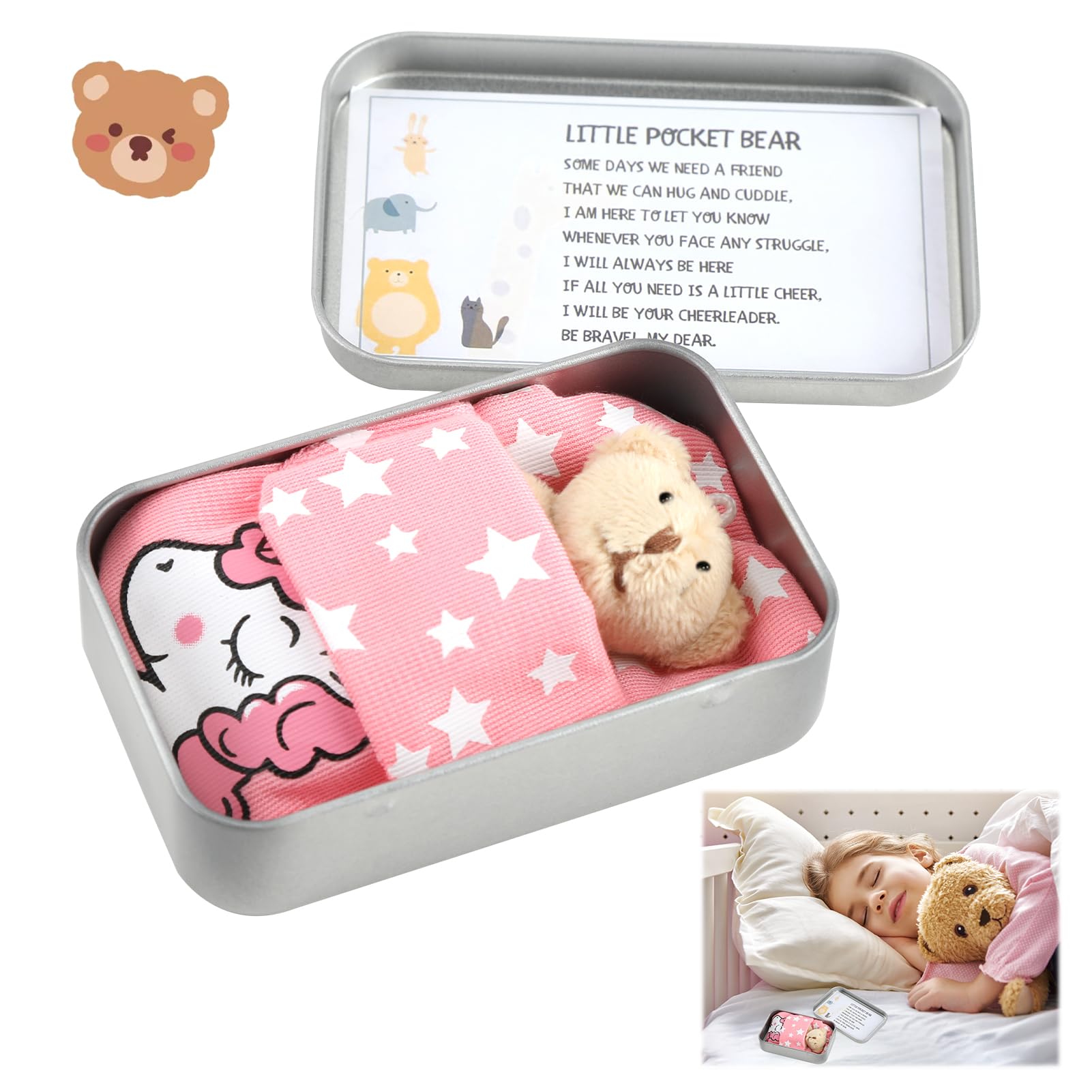 SMCEHEYA Little Pocket Bear Hug, Teddy Bear in a Tin Box, Pocket Hug Plush Toys, Get Well Soon Gifts, First Day at School, Good Luck Gifts for Kids Women Lover Friend