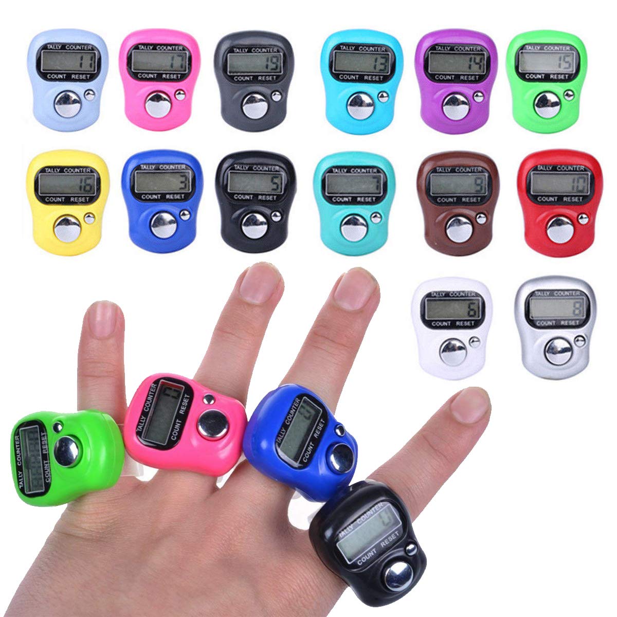 6 Finger Counters - 5 Digit LED Electronic Tally Finger Counter Resettable Manual Clicker Number Lap Tracker Counter Weaving Sport (6 Random Colours)