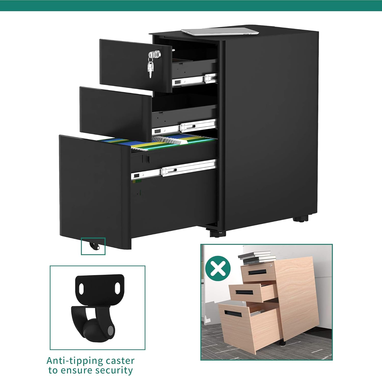 YITAHOME 3-Drawer Metal Filing Cabinet Office Drawers with Keys, Compact Slim Portable File Cabinet, Pre-Built Office Storage Cabinet for A4/Letter/Legal (Black): Furniture & Decor