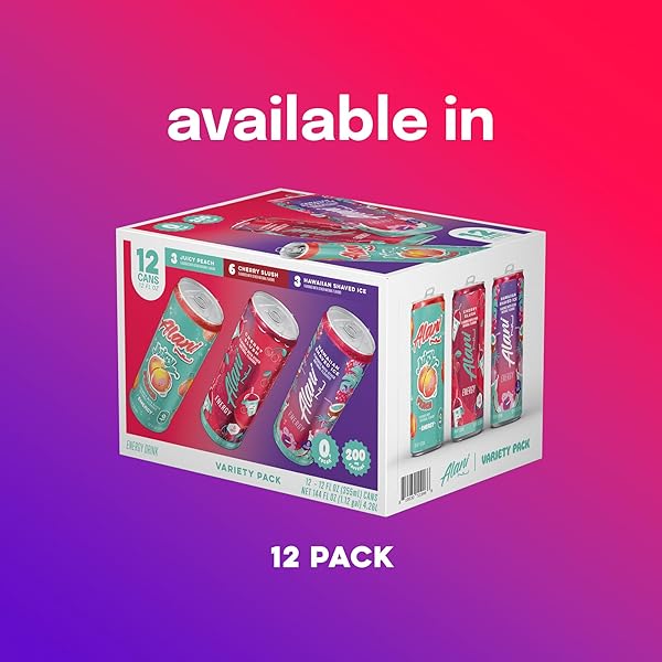 ALANI NU VARIETY PACK CHERRY SLUSH, JUICY PEACH, HAWAIIAN SHAVED ICE SUGAR FREE, LOW CALORIE ENERGY DRINKS, 200MG CAFFEINE, BIOTIN B VITAMINS, ZERO SUGAR, 10 CALORIES, 12 FL OZ CANS, 12 PACK