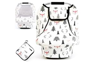 ACRABROS Car Seat Covers for Babies,All Season Infant Carseat Cover Canopy for Boys and Girls,Super Stretchy Adjustable Peeping Window with Mesh Cover,Warm Breathable Universal Fit,Forest Fox