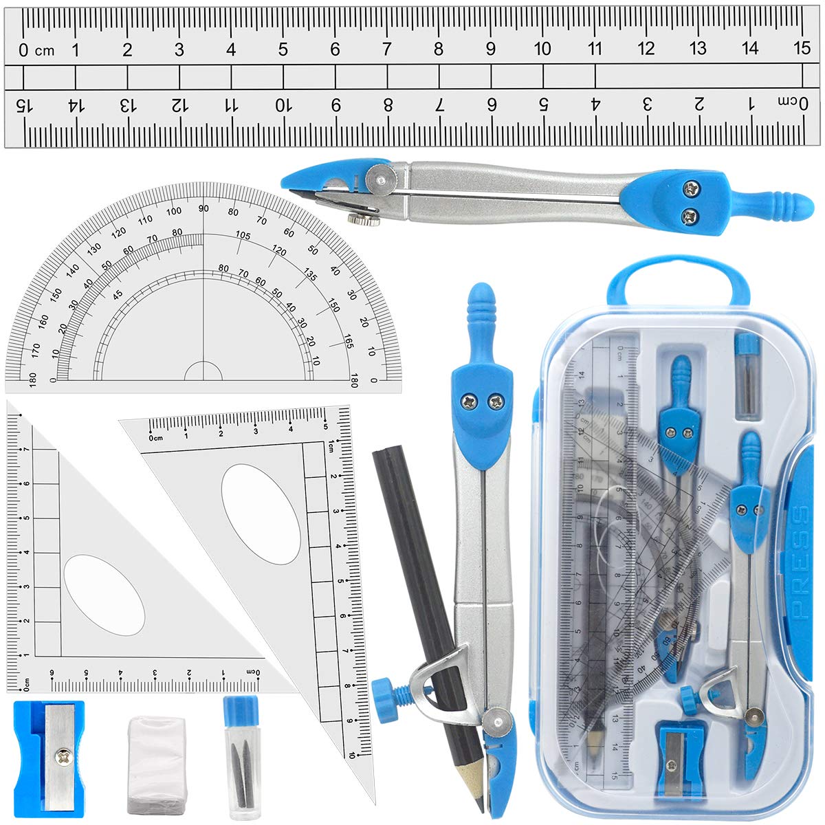 Geometry Compass Set Tuloka 10pcs School Maths Protractor Set Rulers for Student Maths and Engineering in Carry Case, Blue