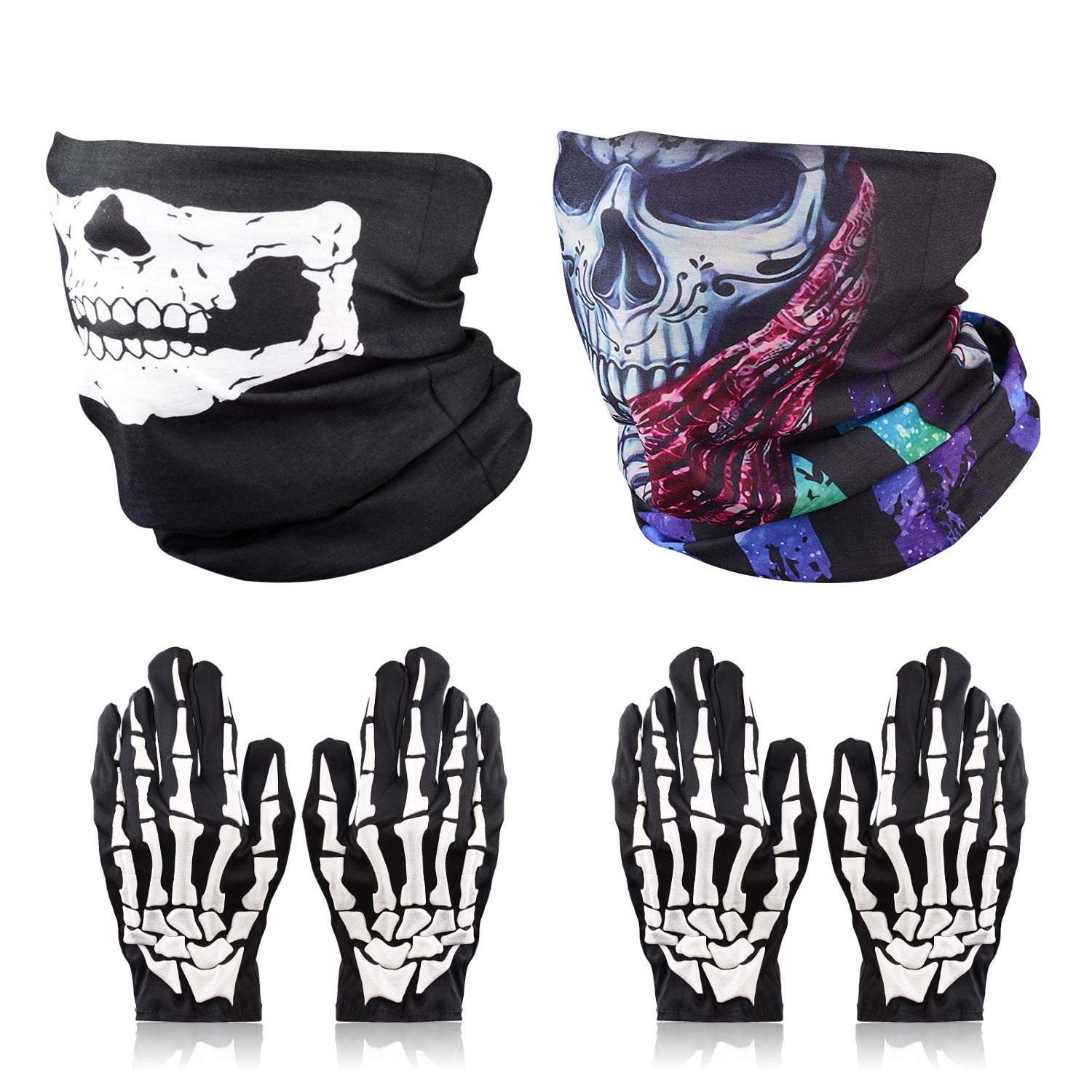 ZOYLINK 2 Set Weiß Schädel Gesichtsmaske und Skelett HandschuheGeist Multifunktionstuch Motorradmaske Sturmmaske Schwarz für Halloween Fasching Karneval Party Kostüm