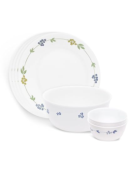 Corelle Vitrelle Glass Secret Garden Gift Dinner Set, 9-Pieces, White/Multi