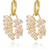 WASAIE Small Leaf Dangling Earrings For Women,Gold Bling Rhinestone CZ Brass Hoop Drop Gold Plated Brass Cubic Zirconia Earrings for Party Prom Wedding Brides