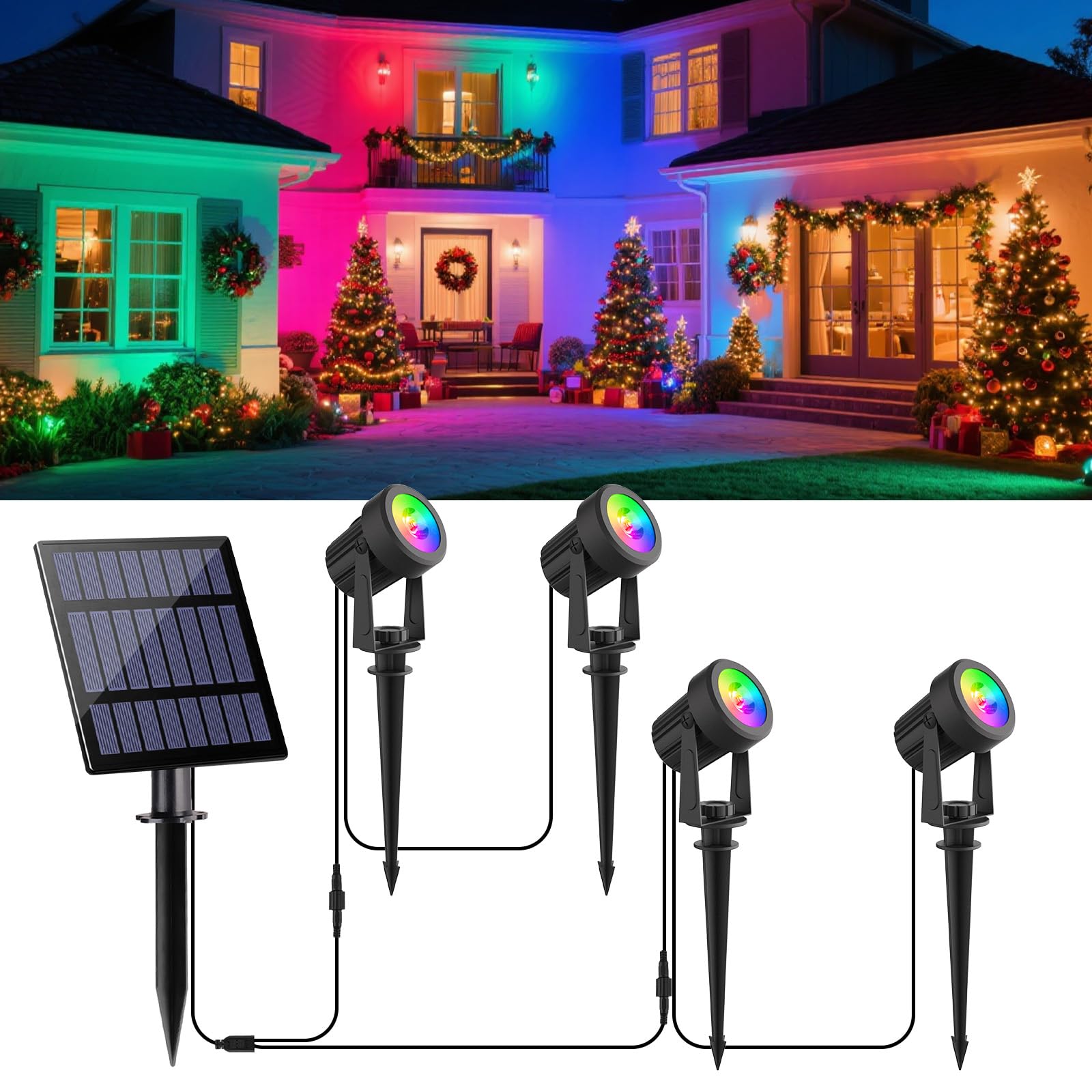 NATPOW Solar Spotlights Outdoor Garden Lights, RGB Landscape Spot Lights Color Changing, Dusk-to-Dawn Outdoor Stake Lights Waterproof, Auto ON/Off Landscape Lighting for Tree Driveway Patio (4-in-1) — image 1