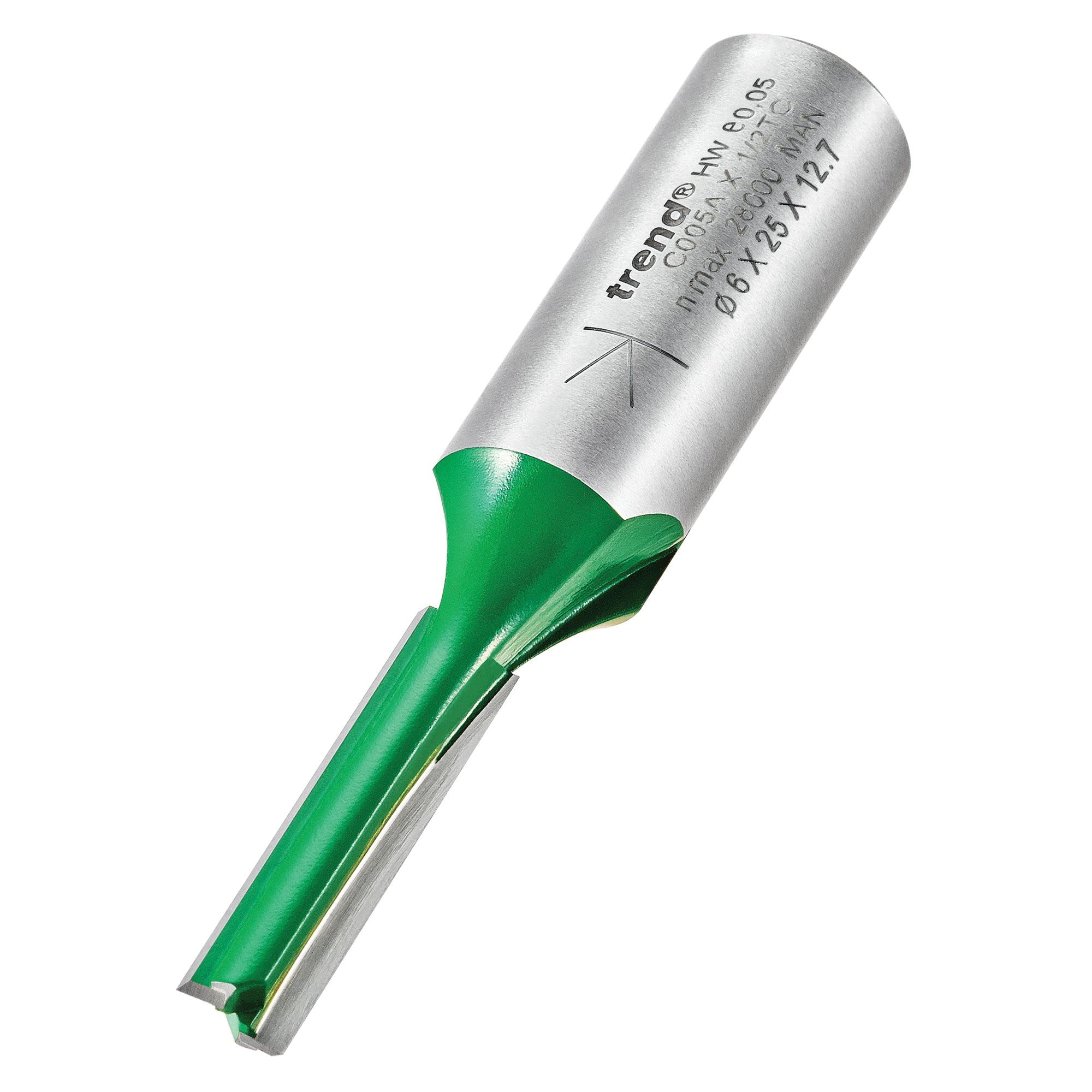 Trend CraftPro Straight Two Flute Router Cutter Bit, 1/2 Inch Shank, 6mm Cut Diameter & 25mm Cut Length, Tungsten Carbide Tipped, C005AX1/2TC