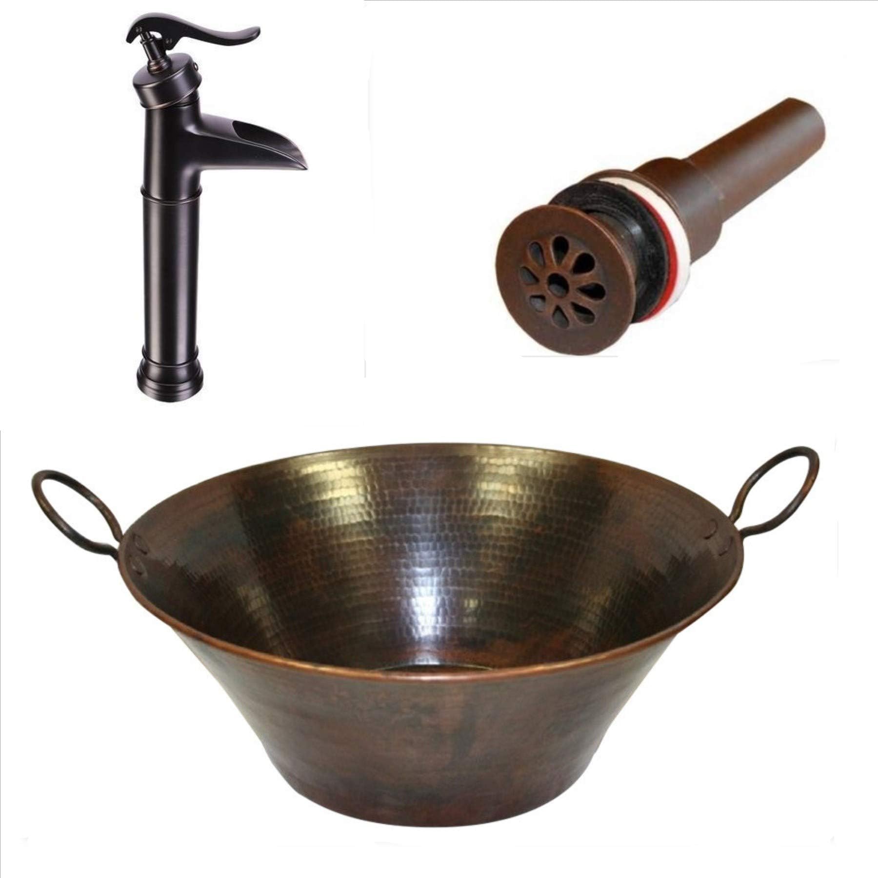 SimplyCopper 16" Round Copper Cazo Vessel Bath Sink with Handles, Faucet and Daisy Drain Included