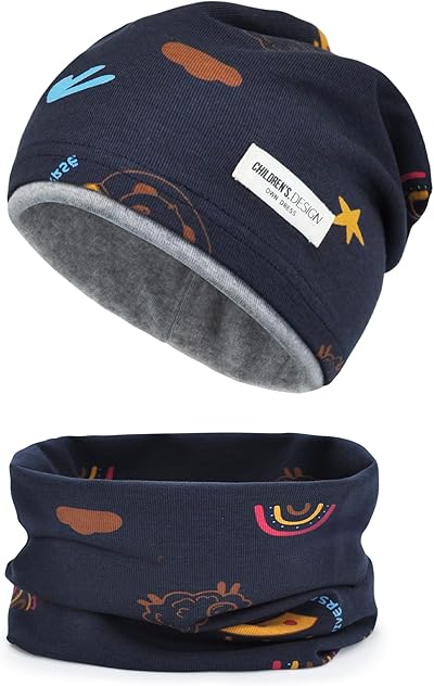 beifon Kinder Beanie Mütze & Loop Schal Set, 95% Baumwolle Mütze Schal Set Mädchen Jungen 2-8 Jahren, Schlauchschal Warme Wintermütze Strickmützen für Herbst Winter Frühling