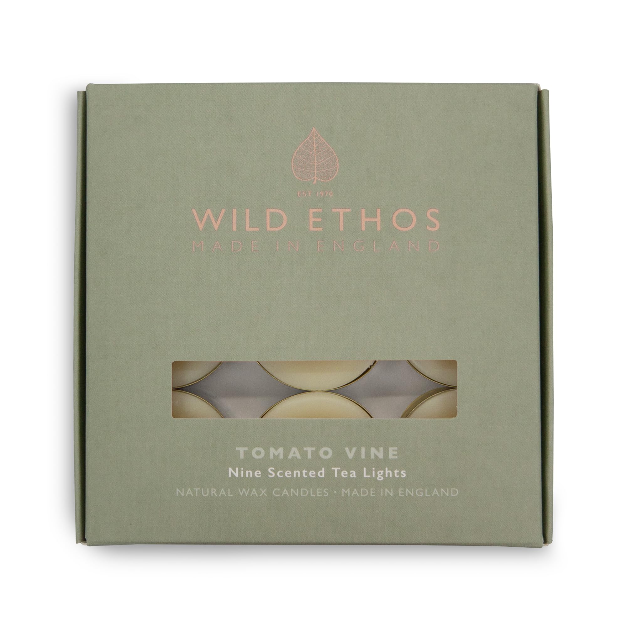 Wild Ethos Scented Tea Lights - Natural Wax - Long Lasting & Blended Natural Essential Oils - Pack of 9 - Made in The UK - Select Your Scent (Tomato Vine)