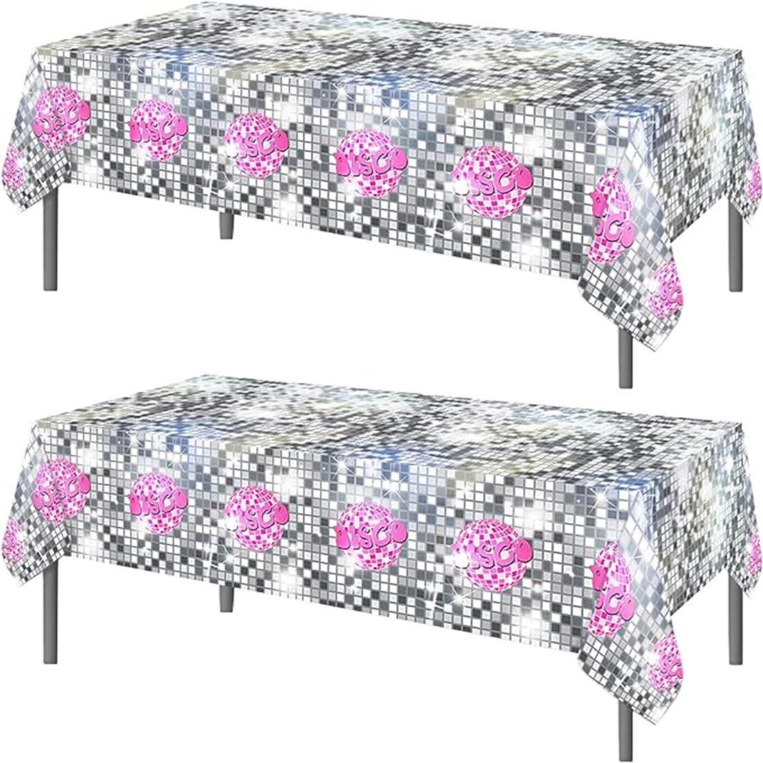 TOKYMOON 2 Pack of Disposable Retro Disco Themed 54x87In Tablecloths Discotheque Bling Silver Ball Party Table Cover for Kids Baby Shower Disco Birthday Party Supplies