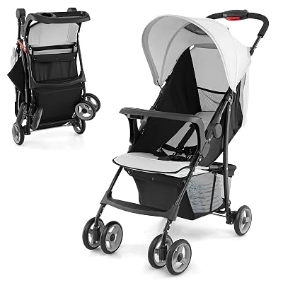 HONEY JOY Lightweight Stroller, Compact Travel Stroller for Airplane, Toddler Fold Pushchair w/Adjustable Canopy & Backrest, Storage Basket, Umbrella Stroller for Infants (Gray)