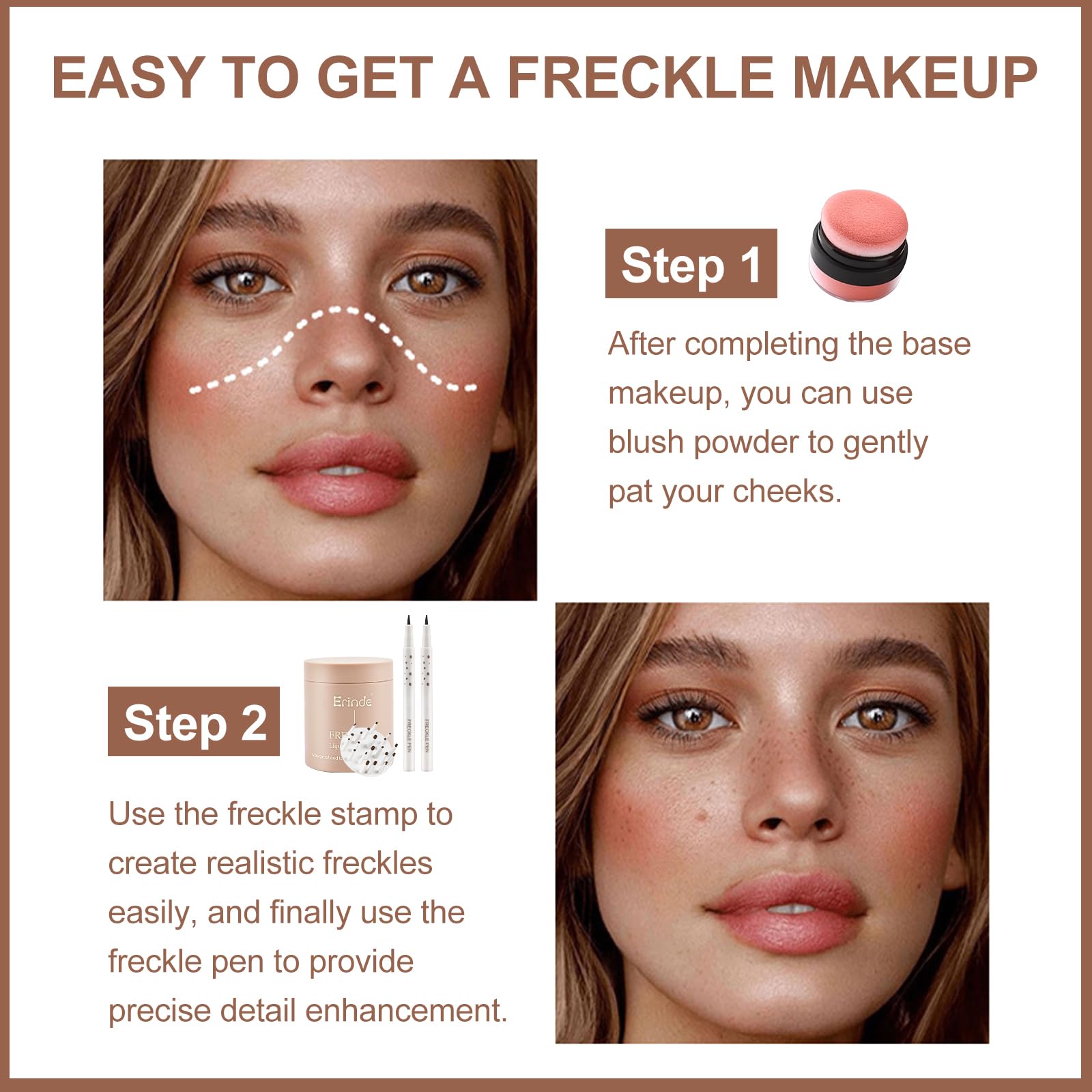 Erinde Natural Freckle Blush Makeup Kit - Liquid Freckle Pen & Fake Freckles Stamp Air Cushion & Powder Cushion Blush, Long Lasting Waterproof Freckles Tattoo Marker for Natural Sunkissed Makeup