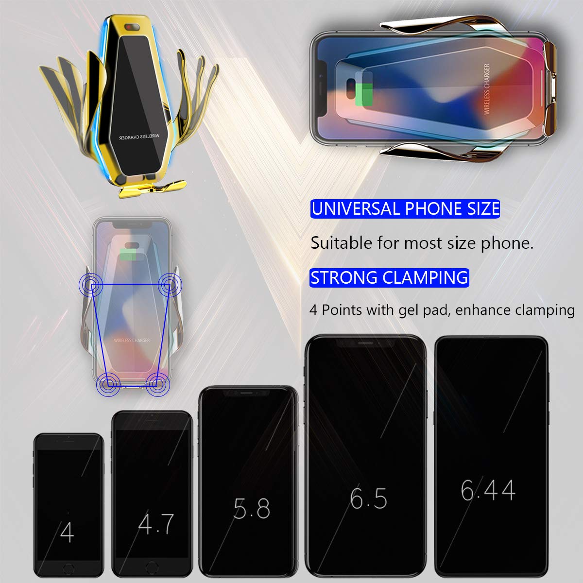 EZNILE Wireless Car Charger Mount Auto-Clamp Free Rotation Windshield Dash Air Vent Phone Holder 10W Qi Fast Charging Compatible with iPhone11/Xs MAX/XS/XR/X/8Plus/8,Samsung S6/S7/S8/S9 Edge+ (silver)