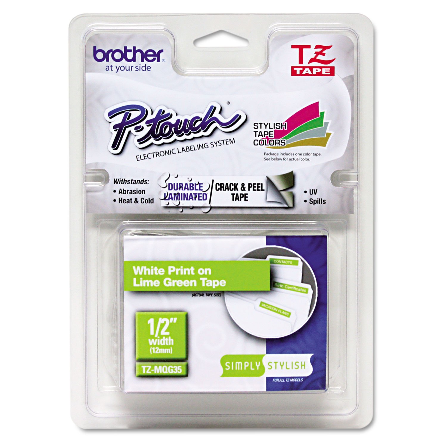 Brother TZe-MQG35 Labelling Tape Cassette, White on Matt Lime Green, 12 mm (W) x 5 m (L), Laminated, Brother Genuine Supplies