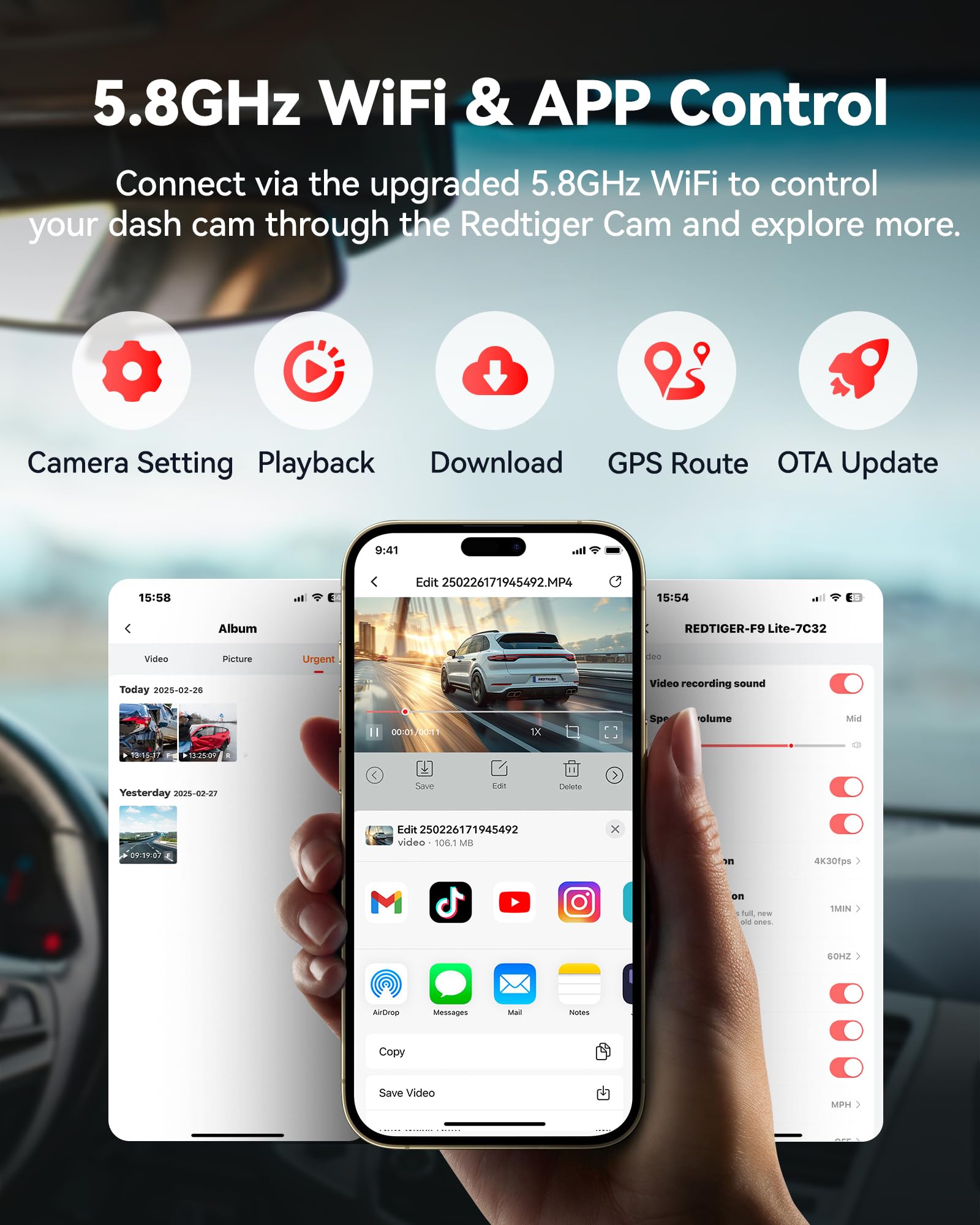 REDTIGER F9 Dash Cam 4K Front and Rear 1080P, WiFi GPS Car Camera with 32GB Card, Dual Dash Camera for Cars, Loop Recording, Night Vision, Parking Mode, Smart App Control, Support 256GB Max