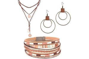 JDRGJTH 3PCS Western Jewelry for Women Bohemian Set,Boho Vintage Layered Necklace Dangle Drop Earrings Faux Leather Bracelet,Jewelry Sets for Women Gift