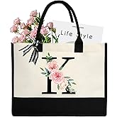DEEZOMO Personalized Initial Canvas Tote Bag for Women, Beach Bag with Inner Zipper Pocket for Wedding, Birthday, Holiday