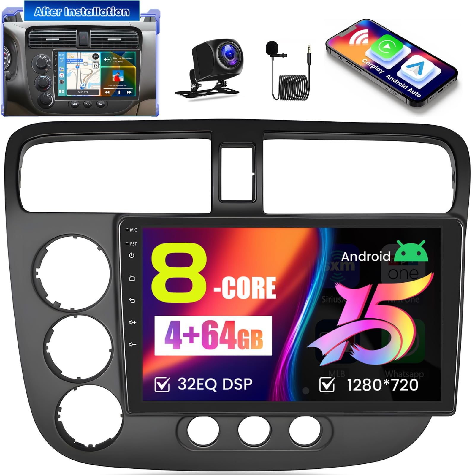 Photo 1 of [8-Core 4+64G] for Honda Civic Radio 2001-2005 Android 15 Car Stereo, Hikity 9‘’ Touchscreen Radio DSP 5G WiFi Wireless Carplay Android Auto 1280 * 720P Bluetooth GPS 32EQ/FM/RDS SWC Backup Cam