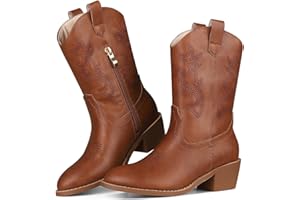 Chumchoi Cowboy Boots for Girls Boys Unisex-Child Embroidered Mid Calf Chunky Heel Western Boots Riding Shoes (Toddler/Little Kid/Big Kid)