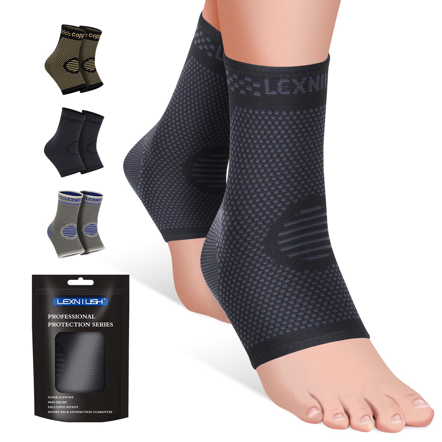 Lexniush 2 Pack Ankle Support for Sprained Ankle, Plantar Fasciitis Relief Achilles Tendonitis Support, Ankle Braces for Men & Women, Ankle Compression Socks Support for Ligament Damage, Sports