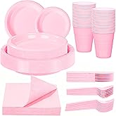WELLIFE 210 PCS Pink Plastic Plates for 30 Guests - Disposable Dinnerware Set Including Dinner Plates, Dessert Plates, 12oz Cups, Cutlery & Napkins, Pink Party Plates for Valentines and Galentines