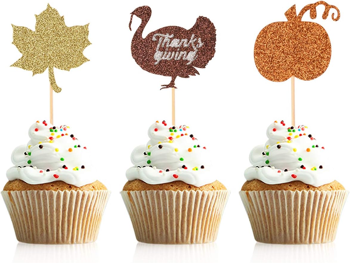 Donoter 36 Pcs Thanksgiving Cupcake Toppers Turkey Maple Leaf Pumpkin Cake Picks for Thanksgiving Day Party Decorations