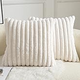 MANDIOO Pack of 2 Decorative Throw Pillow Covers Faux Fur Striped Plush Soft Cushion Covers Pillow Cases Bedroom Living Room Sofa Home 16x16 Inch Cream White