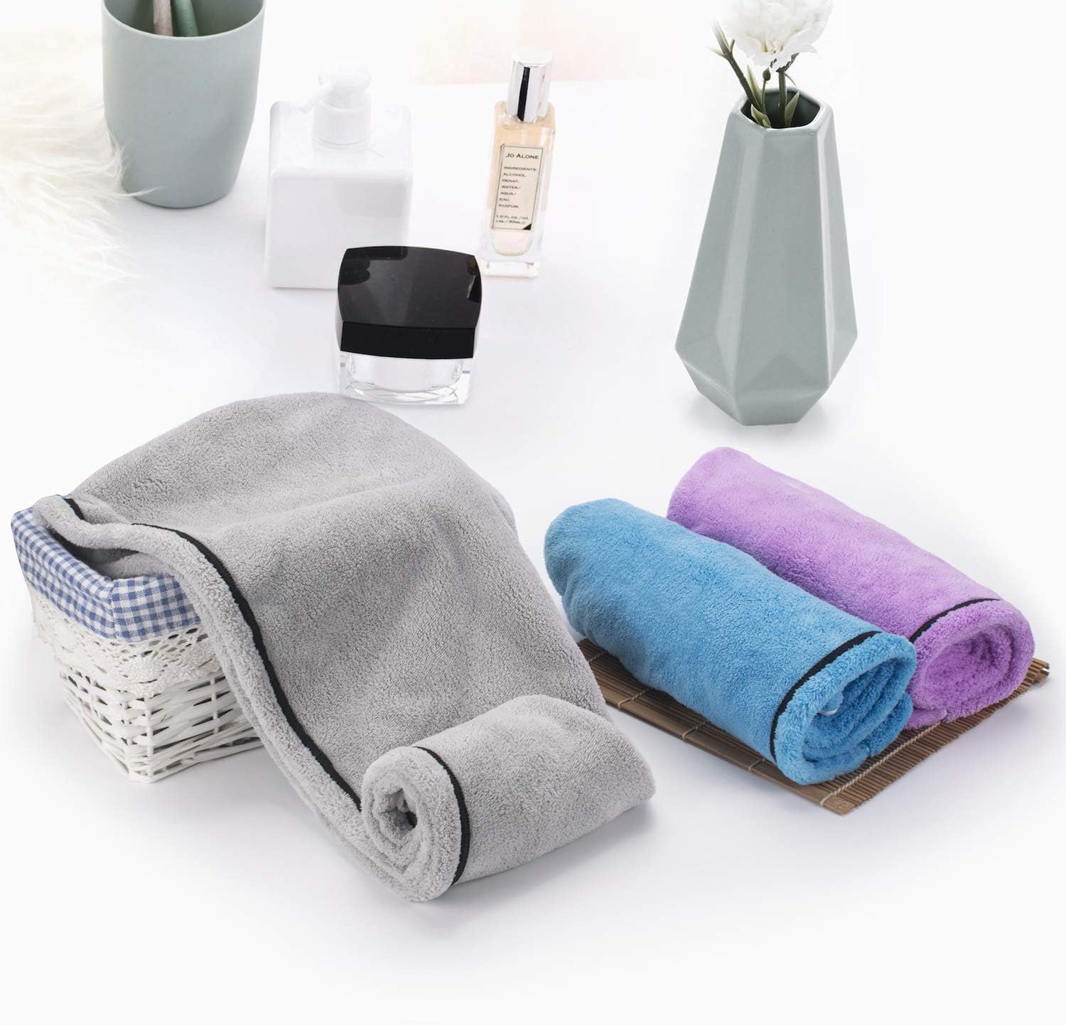 AmazerBath 3-Pack Hair Towel, Microfiber Hair Towel Wrap Rapid Drying Hair Towels for Women, Magic Hair Drying Towel, Super Absorbent Hair Towel Hat (Blue, Purple, Gray): Home & Kitchen