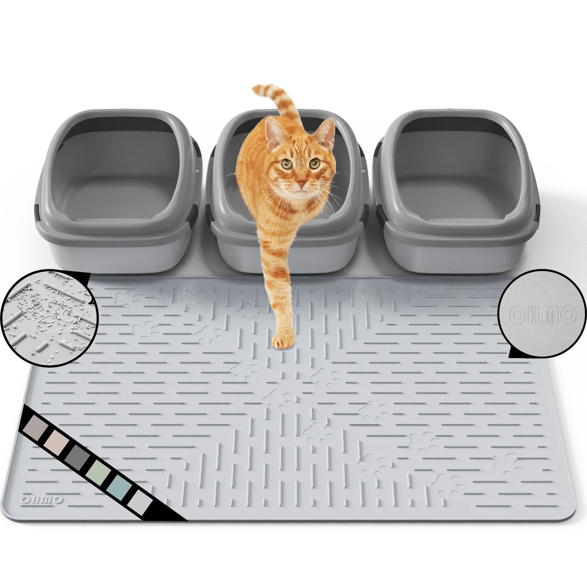OHMO Cat Litter Mat Extra Large 95 x 64 cm Ash Grey Premium Silicone, Easy to Clean Waterproof Kitty Under Box Trapping Mat, Keep The Floor Tidy