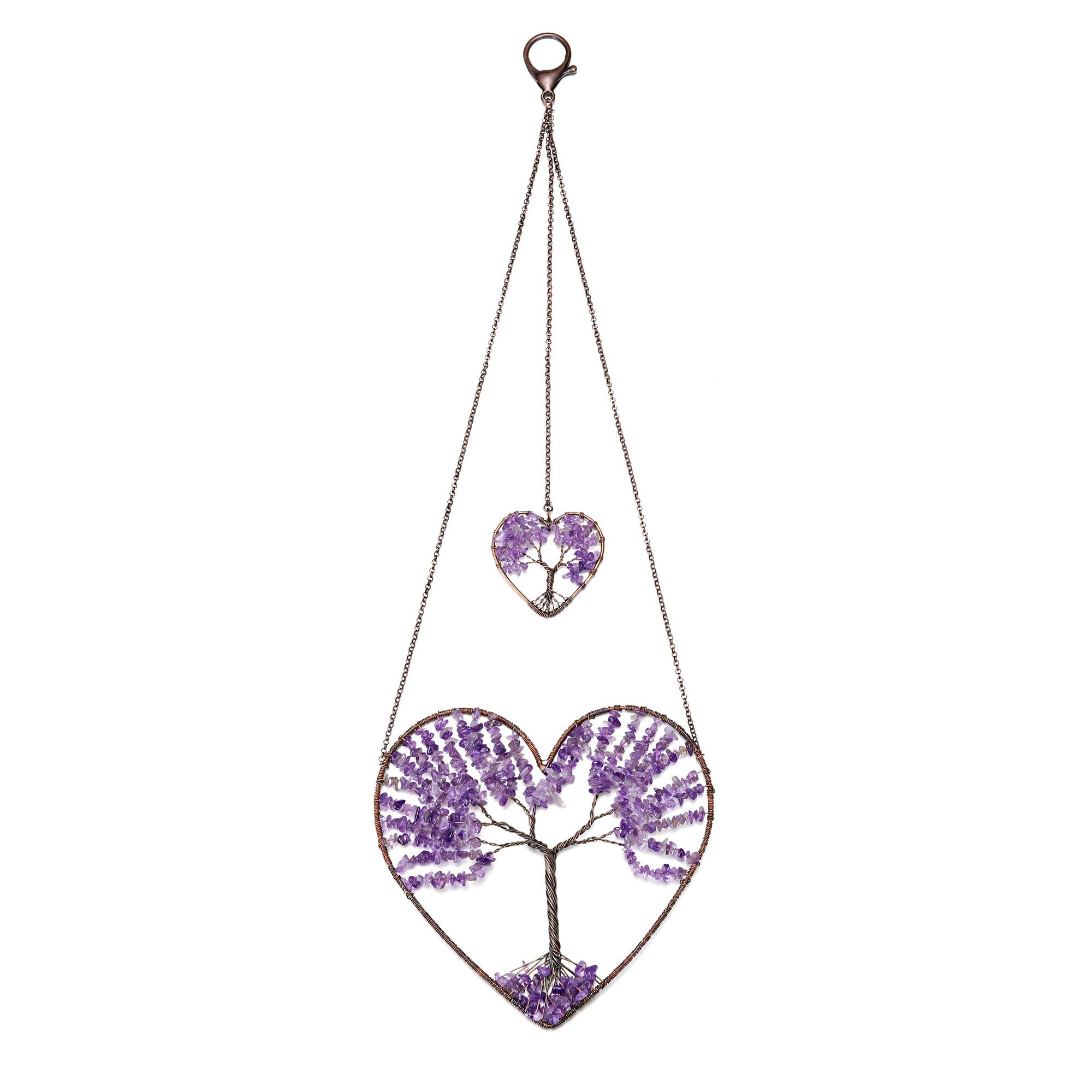 JSDDE Heart Amethyst Healing Crystal Life Tree Hanging Ornament Wire Quartz Gemstone Wall Hanger Home Office Windows Decoration Meditation Balancing