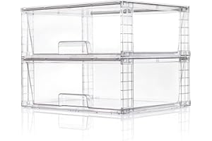 XWYWX Wide Large Stackable Storage Drawers(2 Pack),Multi-purpose Clear Plastic Organizer Bins with Handles, Easy to Assemble 