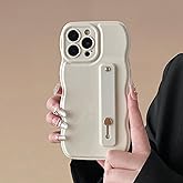 FABSPARK Phone Case for iPhone 16 Pro with Flexible Adjustable Soft Finger Hand Wrist Strap Holder Kickstand,Wave Design Wavy Frame Silicone Aesthetic for iPhone 16 Pro Phone Case,Beige