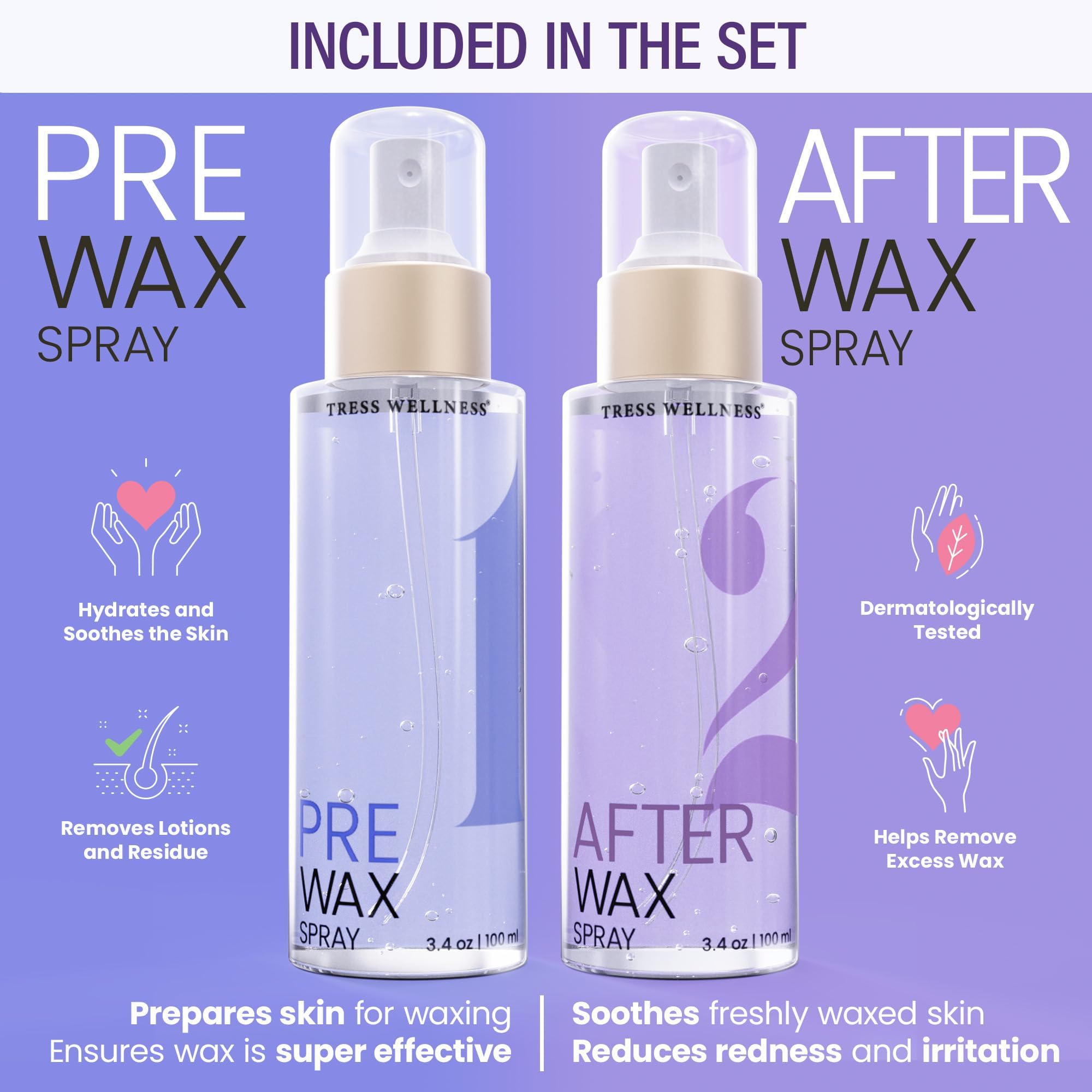 Tress Wellness Pre-Wax Cleanser, Spray and Treatment, After-Wax Oil and Care, Skin Wax Remover
