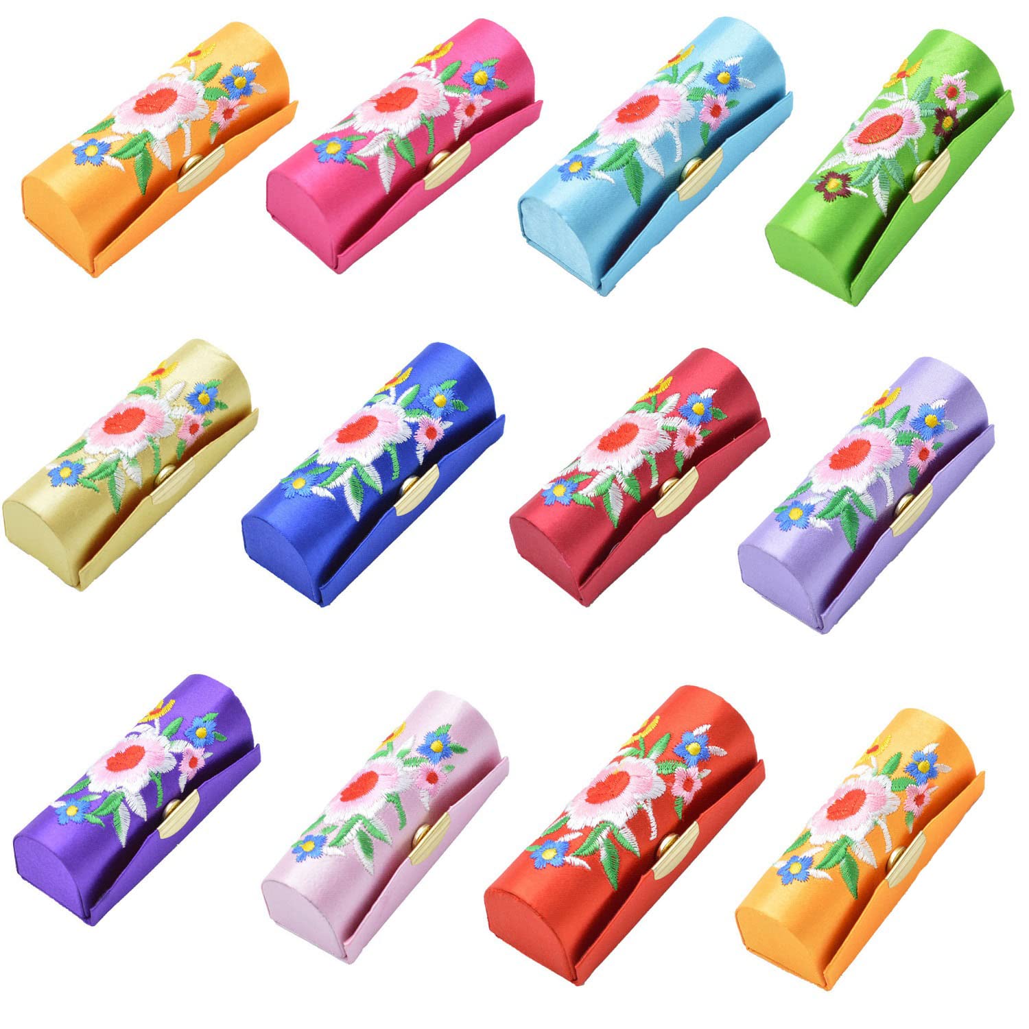MIAO JIN 12-Pack Lipstick Case with Mirror Bulk, Small Lipstick Holder for Purse, Makeup Holder for Jewelry & Cosmetics, Storage Box, Cute Embroidery Design (Random Colors)