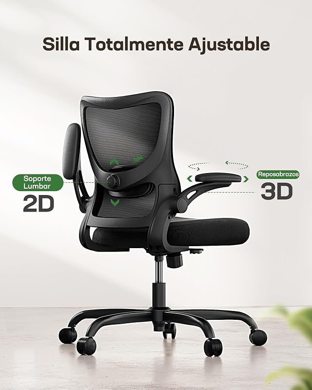 Cadeira ergonómica de secretária: Cadeira de escritório de computador com malha de costas altas e cadeira giratória ajustável para tarefas de trabalho com rodas e apoios de braço 3D