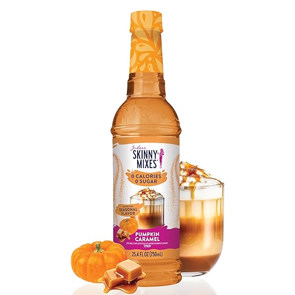 JORDAN’S SKINNY MIXES SUGAR FREE COFFEE SYRUP, HOLIDAY PUMPKIN CARAMEL COFFEE FLAVORING SYRUP, ZERO CALORIE DRINK MIX FOR LATTES, BAKING, PROTEIN SHAKE, DAIRY & GLUTEN FREE, KOSHER, 25.4 FL OZ