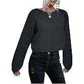 Floerns Women's Fall Long Sleeve Ribbed Knit Sweater Crop Top Casual Dropped Shoulder Crew Neck Loose Fit Pullover Sweaters