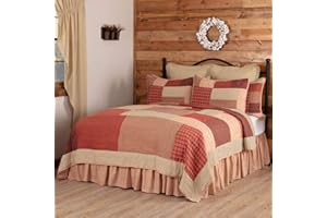 VHC Brands Rory Schoolhouse Red Patchwork Chambray Cotton Farmhouse Bedding Pre-Washed Square Queen Quilt, Queen-90x90