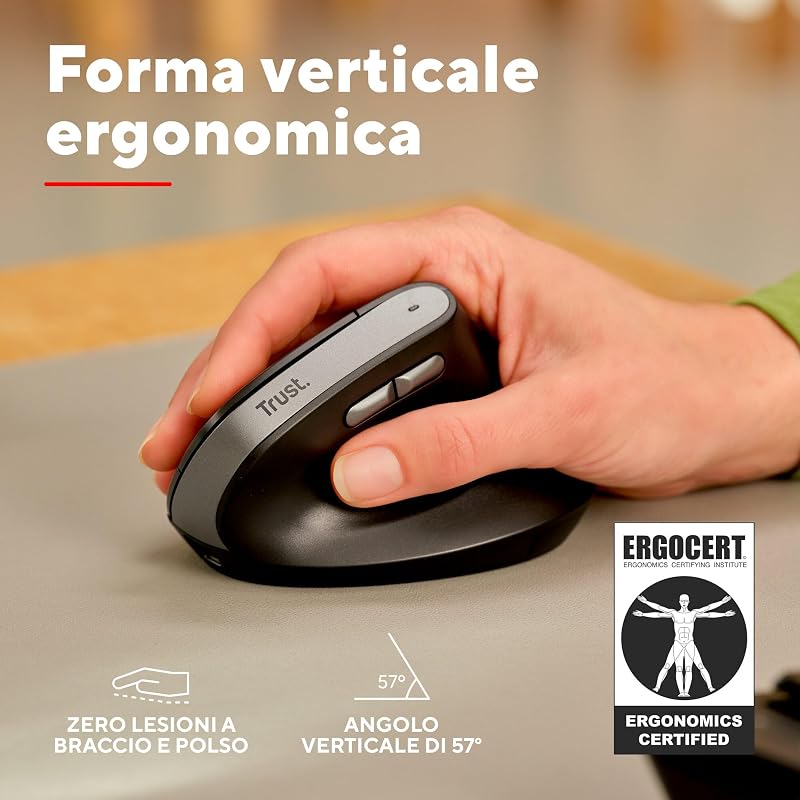 Yuno Mouse Ergonomico Senza Filo, Mouse Verticale Ricaricabile, Nero