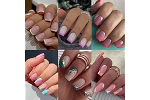 CTTHNBD 6 Packs (144 Pcs) Press on Nails Square, French Tip Press on Nails Short, Medium Press on Nails,Swirl False Nails, Glue on Nails, Gel Fake Nails for Women, Stick on Nails 12 Sizes-6 styles