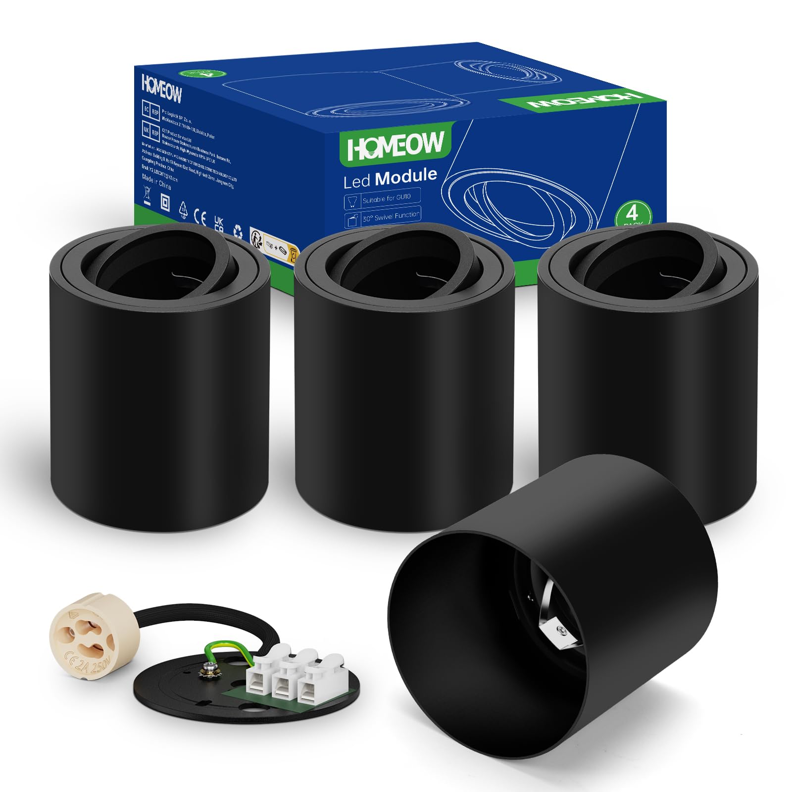 HOMEOW Aufbauspot Schwarz Deckenspot Aufputz 30° Schwenkbar Spots Led Aufbaustrahler für Gu10 ＆ LED Module，Aufbauleuchte Ohne GU10 - Lampe Deckenstrahler aus Aluminium Deckenleuchte für Bad, 4 Stück