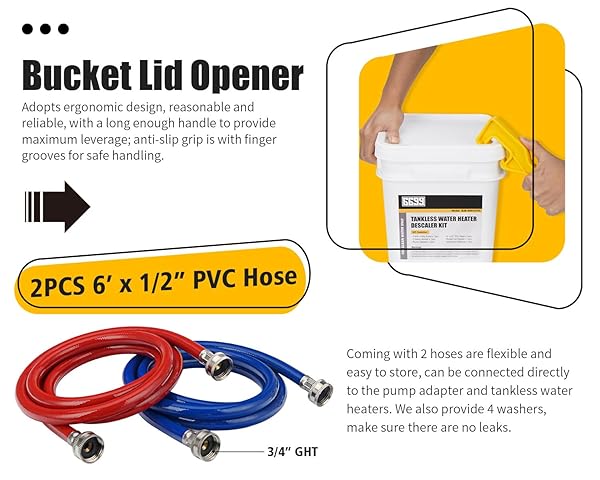 6699 TANKLESS WATER HEATER FLUSHING KIT INCLUDES 1/4HP SUBMERSIBLE SUMP PUMP WITH TWO ADAPTERS & 3 GALLONS PAIL WITH BUCKET LID OPENER & TWO 1/2” DIA X 6’ PVC HOSES WITH WASHERS