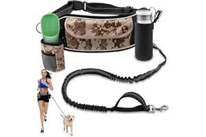 TECSPACE Hands Free Dog Leash, Dog Walking Fanny Pack with Leash - Waist for Dog Walking with Water Holder,Adjustable Dog Running Belt for Training Jogging Hiking (Desert Camouflage/L)