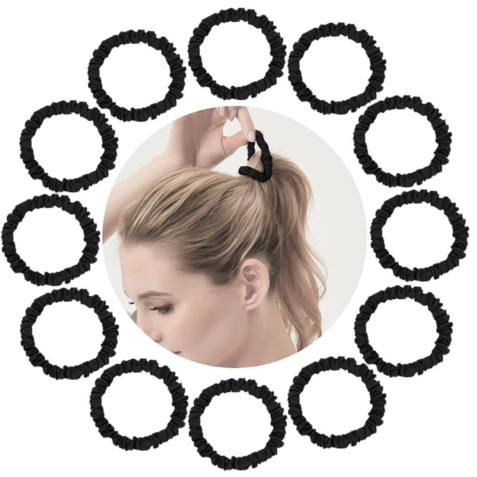 Hair Ties| Bands 12 Packs for Woman| Girls Skinny Silk Satin Hair Scrunchies, Small Ponytail Holders No Damage Breakage for Thin/Thick Curly Long Fine Hair (Black)