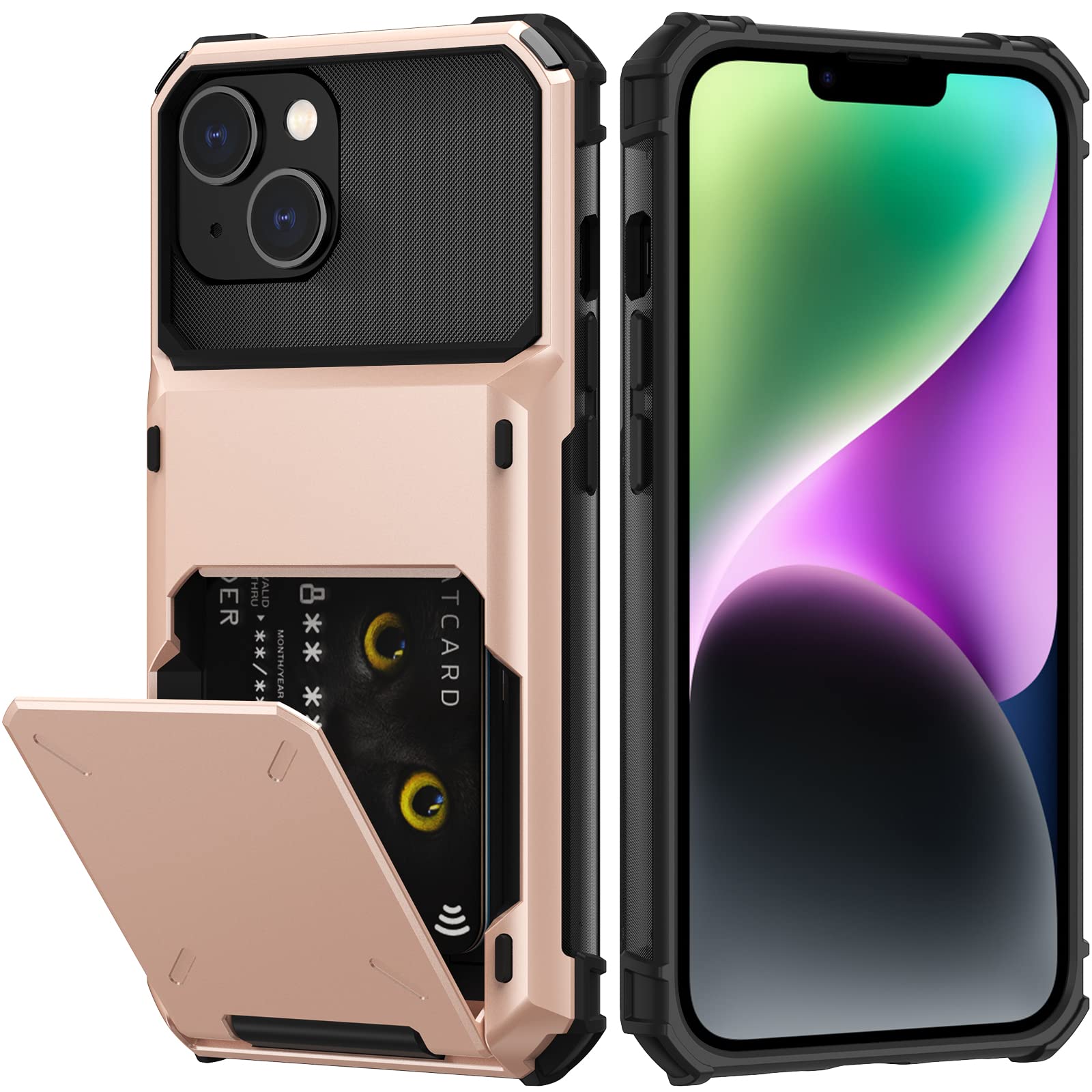 Nvollnoe for iPhone 14 Case with Card Holder[Store 5 Cards] Dual Layer Heavy Duty Shockproof Wallet Case with Hidden Card Slot Large Storage Cover for iPhone 14(Rose Gold)