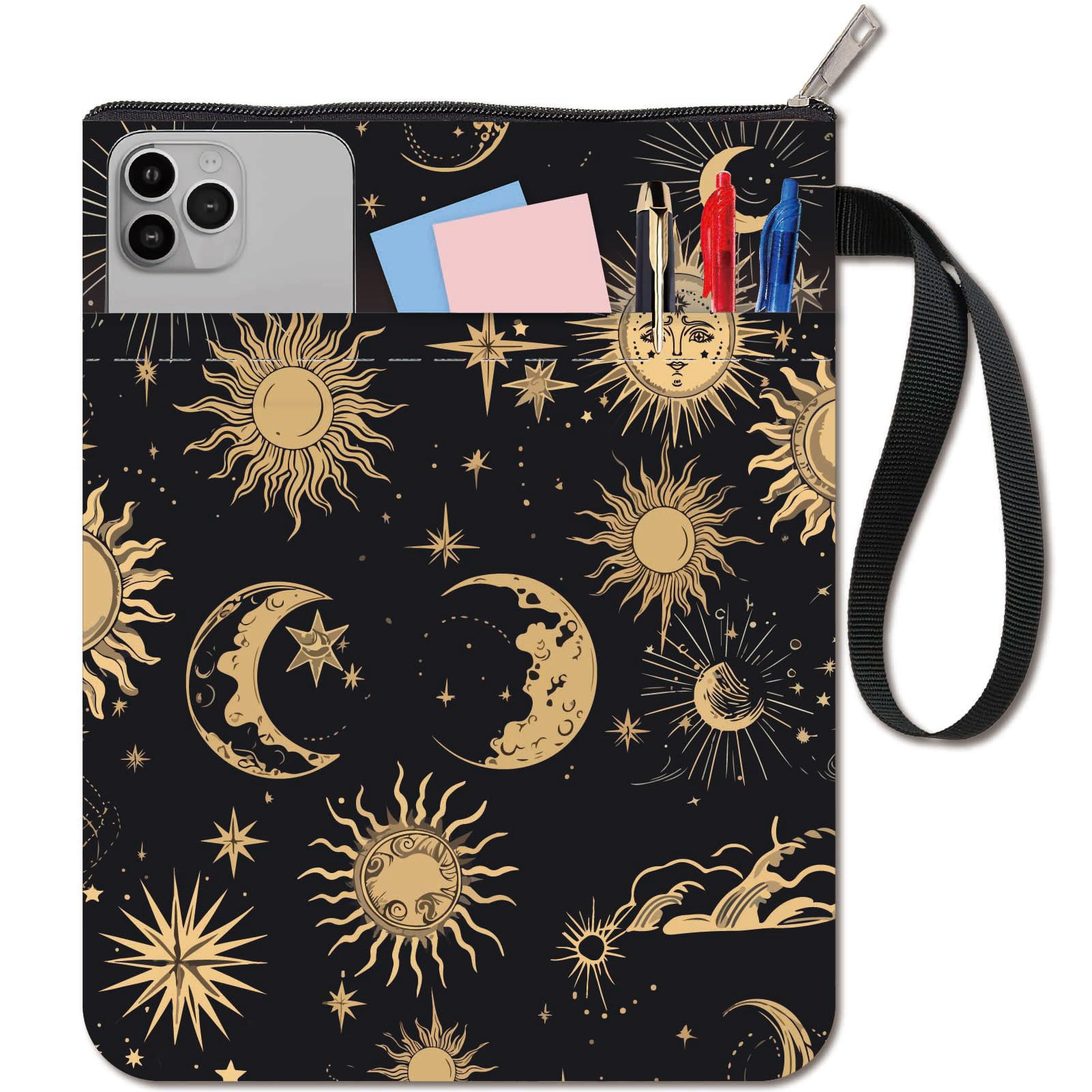 CRASPIRE Sun Book Sleeve Moon Stars Protector Book Covers for Paperbacks Washable Fabric Cloth Book Cover with Zipper and Extra Sleeve Pocket for Book Lovers Classmate Friend Gifts