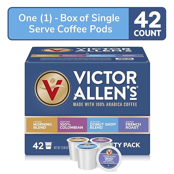 VICTOR ALLEN’S COFFEE VARIETY PACK (MORNING BLEND, 100% COLOMBIAN, DONUT SHOP BLEND, FRENCH ROAST), 42 COUNT, SINGLE SERVE COFFEE PODS FOR KEURIG K-CUP BREWERS