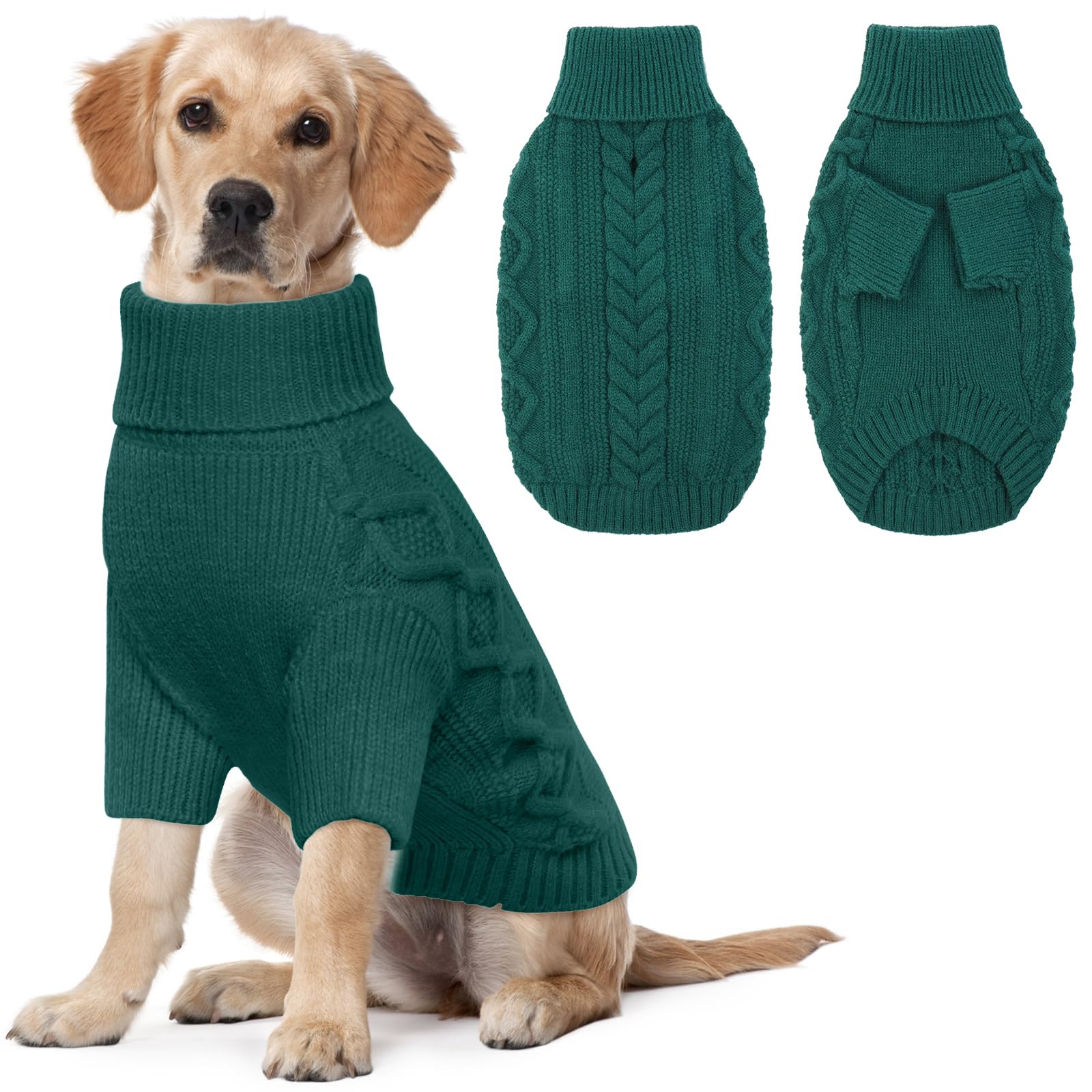 Lelepet Dog Jumpers Winter Dog Pullover, Knitted Warm Turtleneck Dog Christmas Sweater for Cold Weather, Soft Dog Knitwear for Large Dogs Boys Girls Pet Vest Outfit Cat Sweater, PeacockGreen, 2XL
